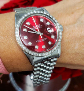 36mm Rolex Datejust 16030 Stainless Steel Jubilee Band Custom Red Dial Diamonds