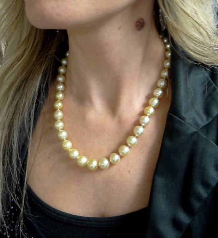 585 14K YELLOW GOLD MS DIAMOND NATURAL GOLDEN CULTURED PEARL NECKLACE CHAIN 18