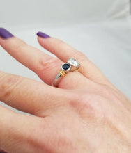 Load image into Gallery viewer, PLATINUM 750 1.17ct DIAMOND .50ct SAPPHIRE THREE STONE BEZEL SET ENGAGEMENT RING
