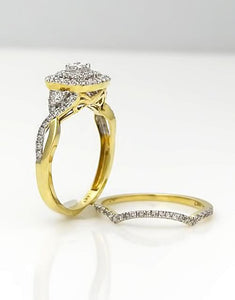 14k YELLOW GOLD .75ctw PRINCESS CUT DIAMOND DOUBLE HALO ENGAGEMENT BRIDAL SET