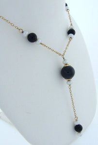 LADIES 14K YELLOW GOLD 8mm 5mm BLACK BEAD 4mm PEARL DRAPE NECKLACE CHAIN 17"