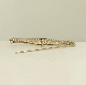 VINTAGE 14K WHITE GOLD MINE CUT DIAMOND FILIGREE BROOCH PIN 2"