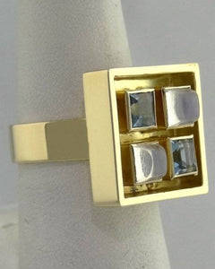 18K YELLOW GOLD SQUARE CONTEMPORARY PRINCESS CUT BLUE CZ OPAL RING