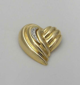 585 14k YELLOW GOLD ROUND DIAMOND HOLLOW RIBBED 2D PUFFED HEART PIN BROOCH