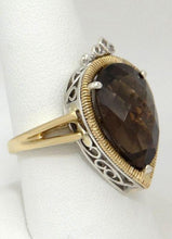 Load image into Gallery viewer, LADIES TWO TONE 14K YELLOW WHITE GOLD 10ct PEAR SMOKY TOPAZ STATEMENT RING 8 3/4

