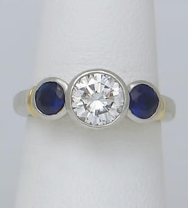 PLATINUM 750 1.17ct DIAMOND .50ct SAPPHIRE THREE STONE BEZEL SET ENGAGEMENT RING