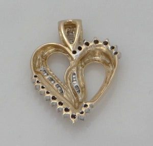 LADIES 10K YELLOW GOLD 1/2ct ROUND BAGUETTE DIAMOND HEART LOVE PENDANT CHARM 1"