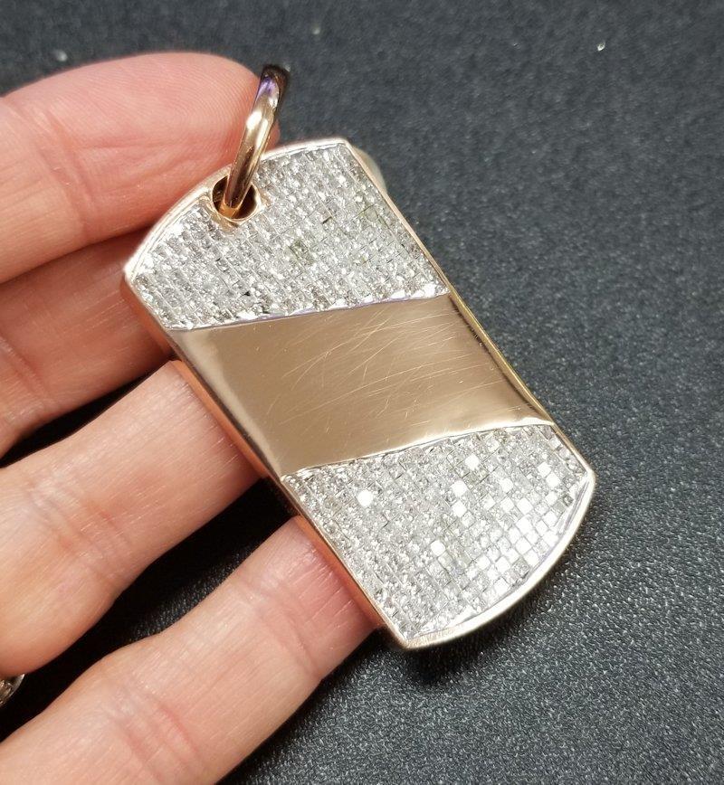 MENS 14k ROSE GOLD INVISIBLE SET SQUARE DIAMOND DOG TAG PENDANT