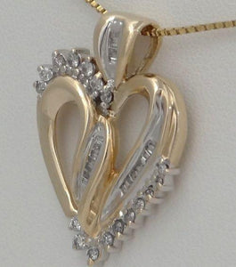 LADIES 10K YELLOW GOLD 1/2ct ROUND BAGUETTE DIAMOND HEART LOVE PENDANT CHARM 1"
