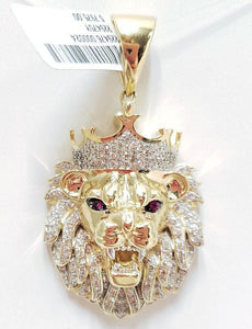MENS LION HEAD DIAMOND & RUBY EYES PENDANT 10K YELLOW GOLD