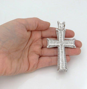 Mens 14k White Gold 8.00ct Diamond Cross Crucifix Gallery Pendant 3.24" 41g