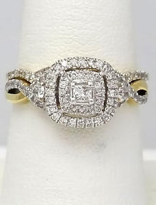 14k YELLOW GOLD .75ctw PRINCESS CUT DIAMOND DOUBLE HALO ENGAGEMENT BRIDAL SET
