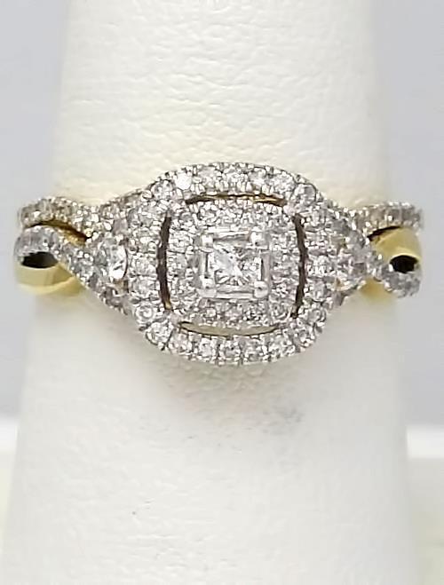 14k YELLOW GOLD .75ctw PRINCESS CUT DIAMOND DOUBLE HALO ENGAGEMENT BRIDAL SET