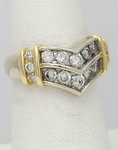 14k TWO TONE GOLD TWO ROW 3/4ct ROUND DIAMOND CHANNEL SET V SHAPE BAND RING