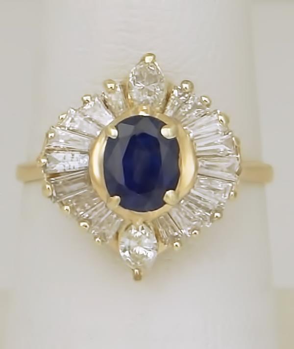 14k YELLOW GOLD 1.00ct OVAL BLUE SAPPHIRE 1.00ct BAGUETTE DIAMOND BALLERINA RING