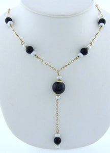 LADIES 14K YELLOW GOLD 8mm 5mm BLACK BEAD 4mm PEARL DRAPE NECKLACE CHAIN 17"