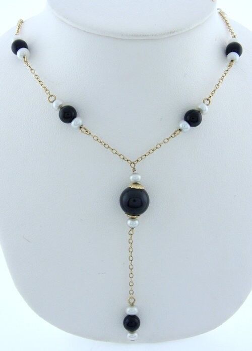 LADIES 14K YELLOW GOLD 8mm 5mm BLACK BEAD 4mm PEARL DRAPE NECKLACE CHAIN 17