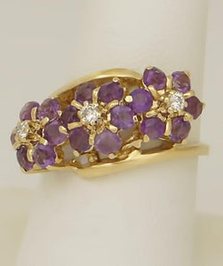 LADIES 14k YELLOW GOLD 1 3/4ct ROUND AMETHYST .05ct DIAMOND TRIO FLOWER RING