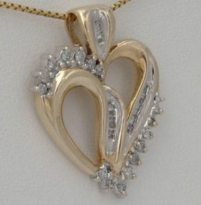 LADIES 10K YELLOW GOLD 1/2ct ROUND BAGUETTE DIAMOND HEART LOVE PENDANT CHARM 1"