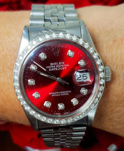 36mm Rolex Datejust 16030 Stainless Steel Jubilee Band Custom Red Dial Diamonds