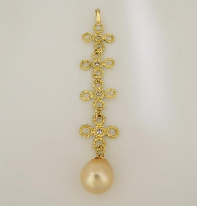 14k YELLOW GOLD 1/4ct DIAMOND FLOWER DANGLE SOUTH SEA PEARL LONG DROP PENDANT 4"