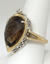 Load image into Gallery viewer, LADIES TWO TONE 14K YELLOW WHITE GOLD 10ct PEAR SMOKY TOPAZ STATEMENT RING 8 3/4
