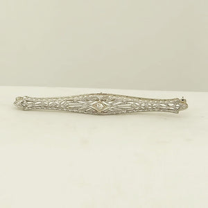 VINTAGE 14K WHITE GOLD MINE CUT DIAMOND FILIGREE BROOCH PIN 2"