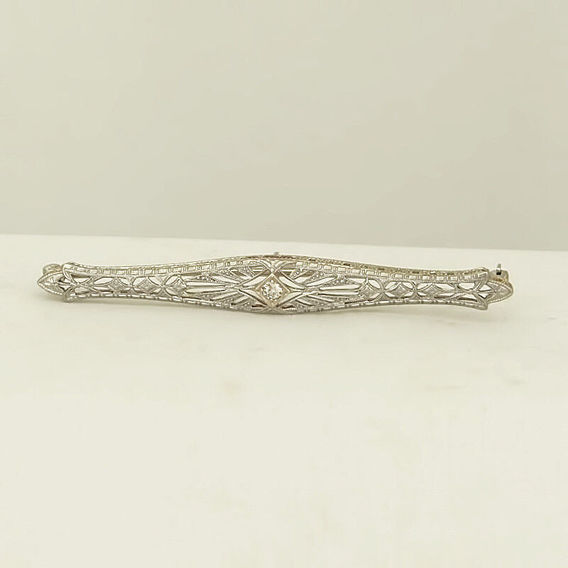 VINTAGE 14K WHITE GOLD MINE CUT DIAMOND FILIGREE BROOCH PIN 2