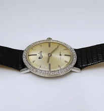 Load image into Gallery viewer, VINTAGE 14k WHITE GOLD LUCIEN PICCARD 1/2ct DIAMOND SILVER LEATHER WATCH 33m
