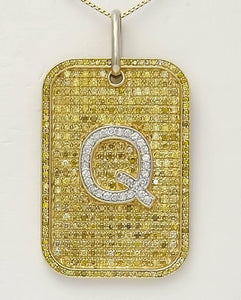 14k YELLOW GOLD 3.00ct YELLOW DIAMOND LETTER Q INITIAL DOG TAG PENDANT 2.33"