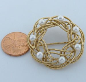 14K GOLD 7 ROUND PEARL FLOWER BROOCH LEAF LAPEL PIN