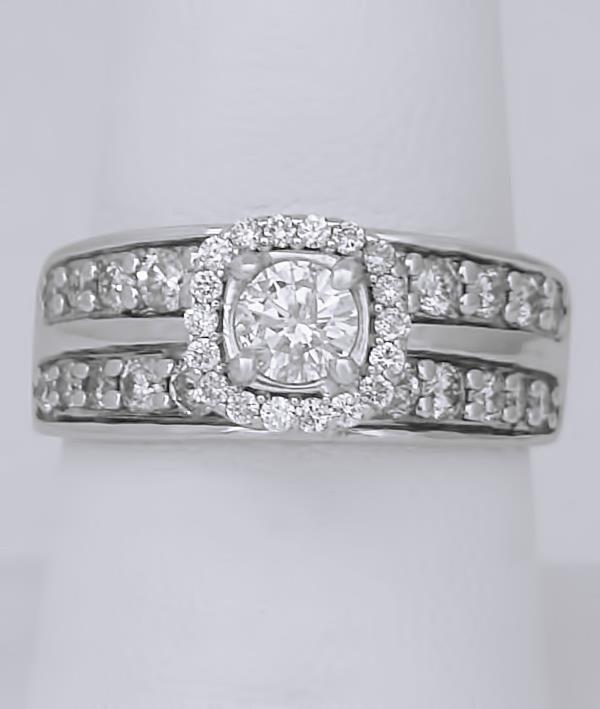 LADIES 14k WHITE GOLD 1 1/4ct ROUND DIAMOND HALO WIDE BAND ENGAGEMENT RING