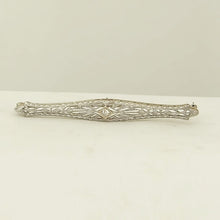 Load image into Gallery viewer, VINTAGE 14K WHITE GOLD MINE CUT DIAMOND FILIGREE BROOCH PIN 2&quot;
