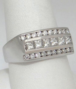 LADIES 14k WHITE GOLD 1.00ct ROUND PRINCESS CUT DIAMOND 3 THREE ROW RING 9 10mm