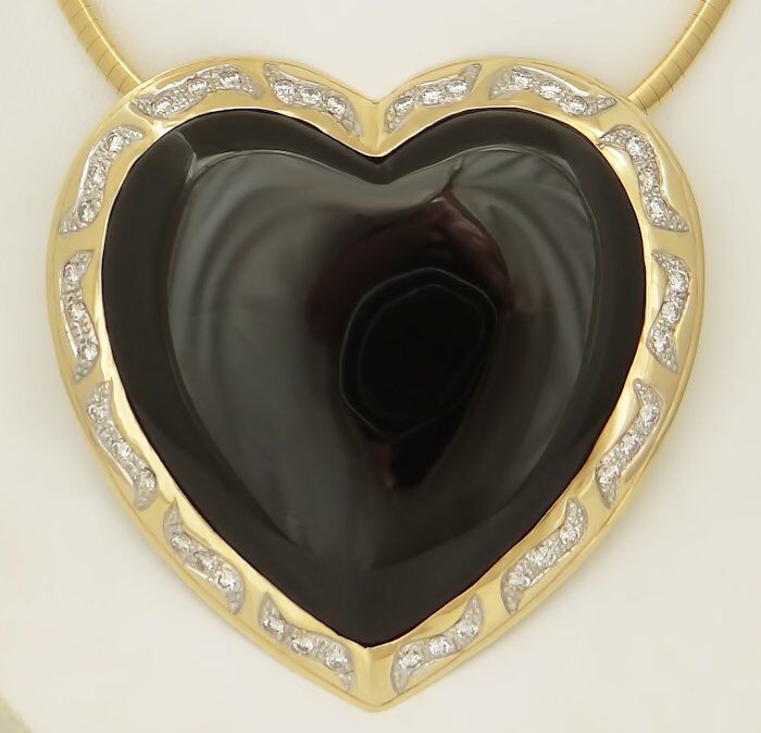 HUGE 14K YELLOW GOLD HEART BLACK ONYX 2.00ct ROUND DIAMOND PENDANT SLIDE 3
