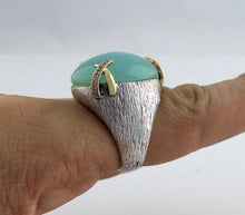 Load image into Gallery viewer, LADIES 925 18K YELLOW GOLD TEXTURED CABOCHON CHRYSOPRASE DIAMOND RING 7 3/4
