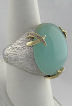 Load image into Gallery viewer, LADIES 925 18K YELLOW GOLD TEXTURED CABOCHON CHRYSOPRASE DIAMOND RING 7 3/4
