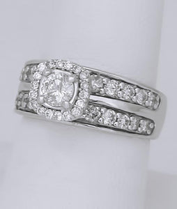 LADIES 14k WHITE GOLD 1 1/4ct ROUND DIAMOND HALO WIDE BAND ENGAGEMENT RING