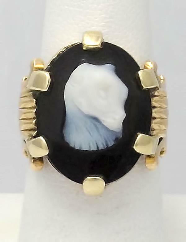 14k YELLOW GOLD CUSTOM MADE OVAL BLACK ONYX WHITE CARVED ANIMAL CAT RING