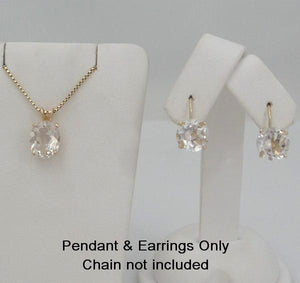 14K YELLOW GOLD CLEAR 4ct OVAL PENDANT CHARM & 2 1/2ct ROUND DANGLE EARRINGS SET