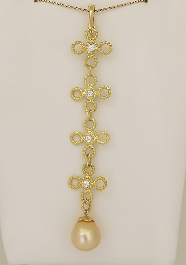 14k YELLOW GOLD 1/4ct DIAMOND FLOWER DANGLE SOUTH SEA PEARL LONG DROP PENDANT 4