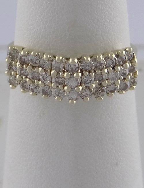 LADIES 10K YELLOW GOLD .65ct DIAMOND 3 ROW ANNIVERSARY CATHEDRAL BAND FINE RING