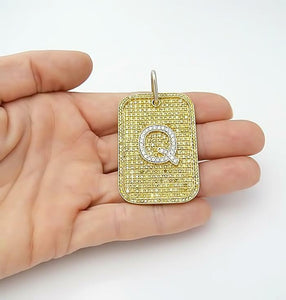 14k YELLOW GOLD 3.00ct YELLOW DIAMOND LETTER Q INITIAL DOG TAG PENDANT 2.33"