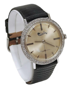 VINTAGE 14k WHITE GOLD LUCIEN PICCARD 1/2ct DIAMOND SILVER LEATHER WATCH 33m