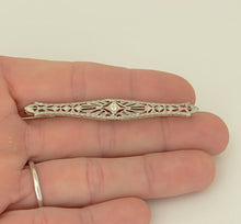 Load image into Gallery viewer, VINTAGE 14K WHITE GOLD MINE CUT DIAMOND FILIGREE BROOCH PIN 2&quot;
