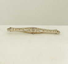 Load image into Gallery viewer, VINTAGE 14K WHITE GOLD MINE CUT DIAMOND FILIGREE BROOCH PIN 2&quot;
