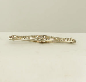 VINTAGE 14K WHITE GOLD MINE CUT DIAMOND FILIGREE BROOCH PIN 2"