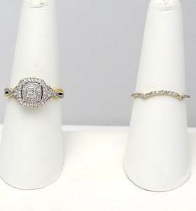14k YELLOW GOLD .75ctw PRINCESS CUT DIAMOND DOUBLE HALO ENGAGEMENT BRIDAL SET