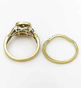 14k YELLOW GOLD .75ctw PRINCESS CUT DIAMOND DOUBLE HALO ENGAGEMENT BRIDAL SET