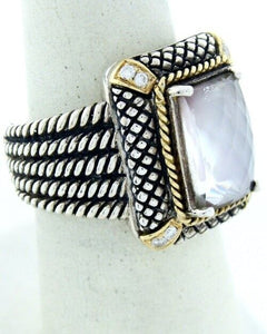925 STERLING SILVER 18K GOLD PINK QUARTZ DIAMOND CABLE RING
